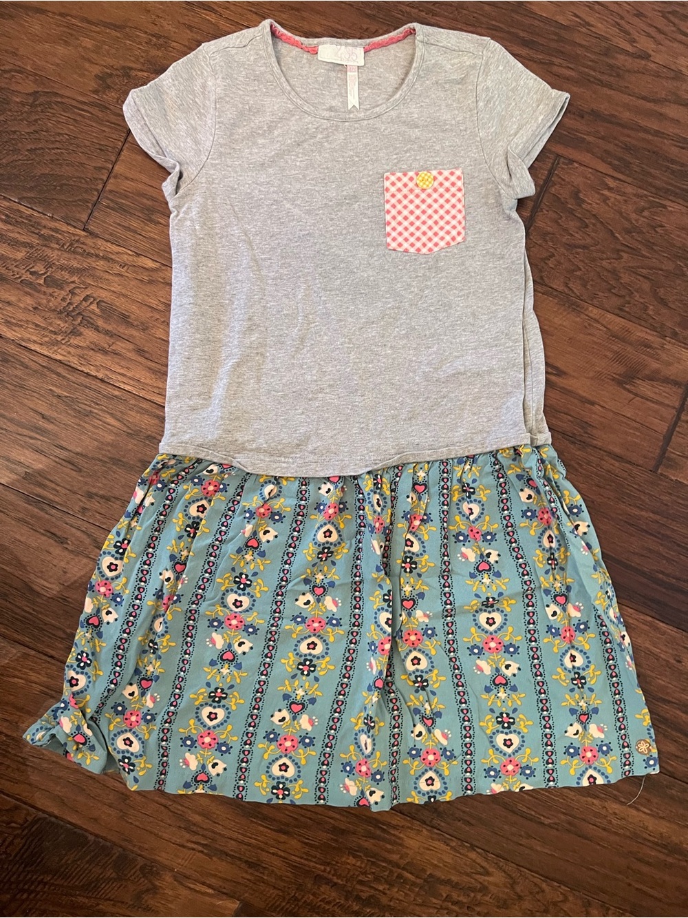 Matilda Jane Grey Tee + Blue Floral Skirt Dress with Pink Pocket